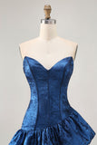 A Line Strapless Asymmetrical Dark Blue Short Prom Dress