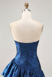 A Line Strapless Asymmetrical Dark Blue Short Prom Dress