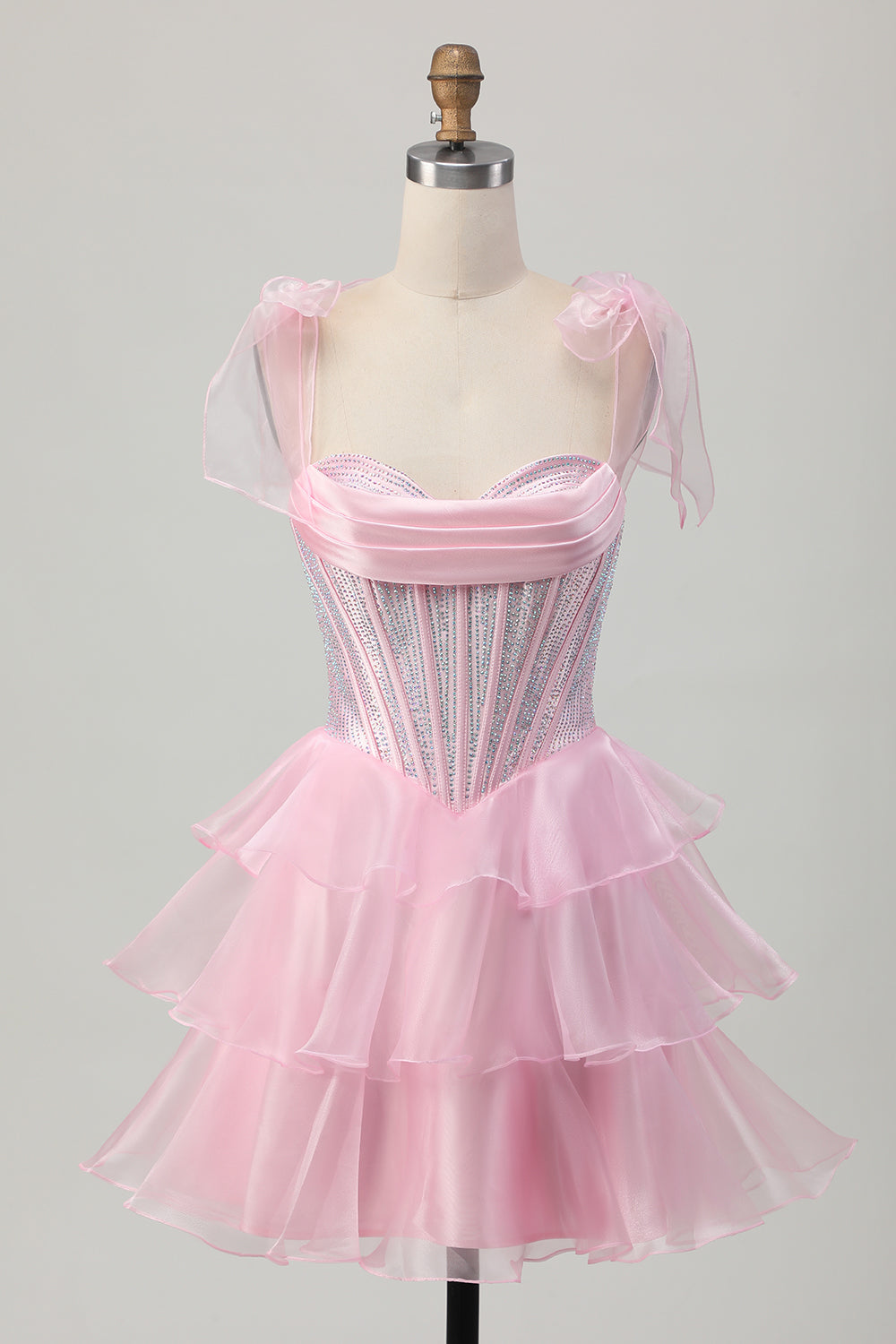 Sparkly Pink Straps Bow Corset Tiered Beaded Cocktail Dress