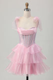 Sparkly Pink Straps Bow Corset Tiered Beaded Cocktail Dress