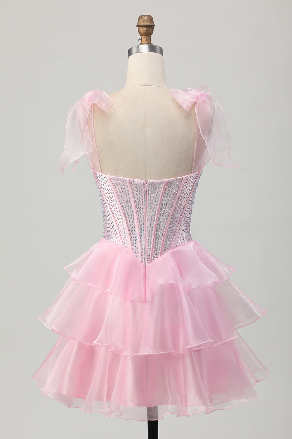 Sparkly Pink Straps Bow Corset Tiered Beaded Cocktail Dress