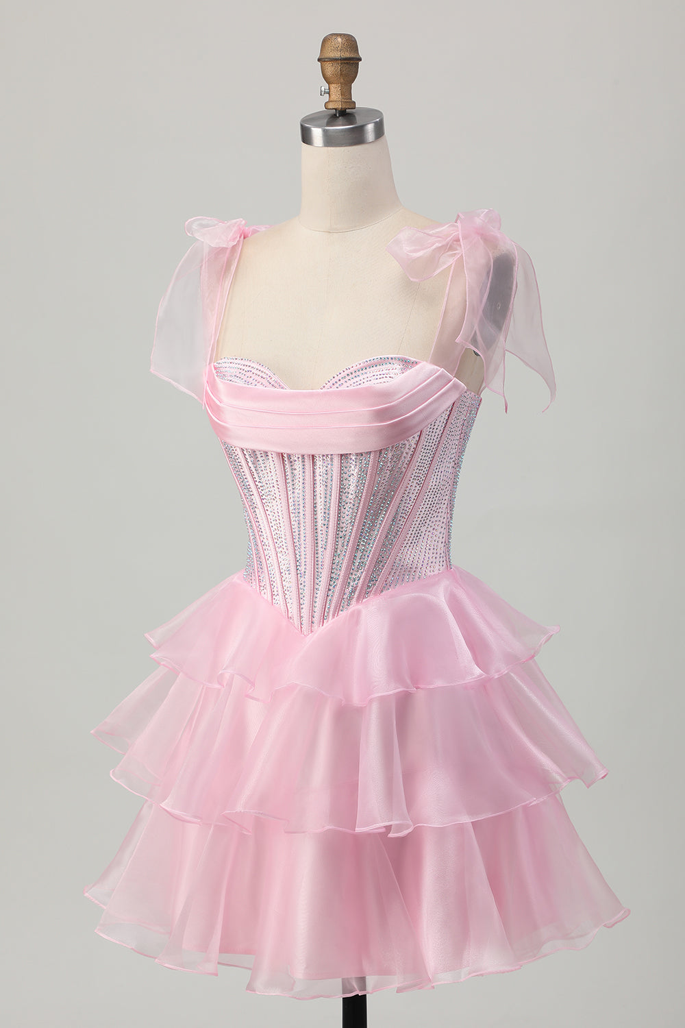 Sparkly Pink Straps Bow Corset Tiered Beaded Cocktail Dress