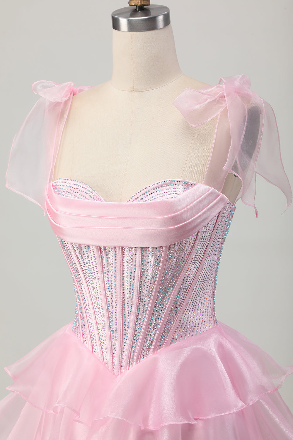 Sparkly Pink Straps Bow Corset Tiered Beaded Cocktail Dress