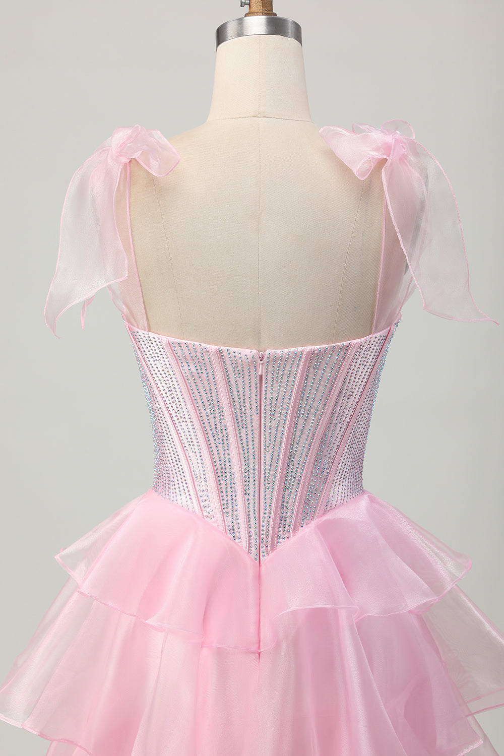 Sparkly Pink Straps Bow Corset Tiered Beaded Cocktail Dress