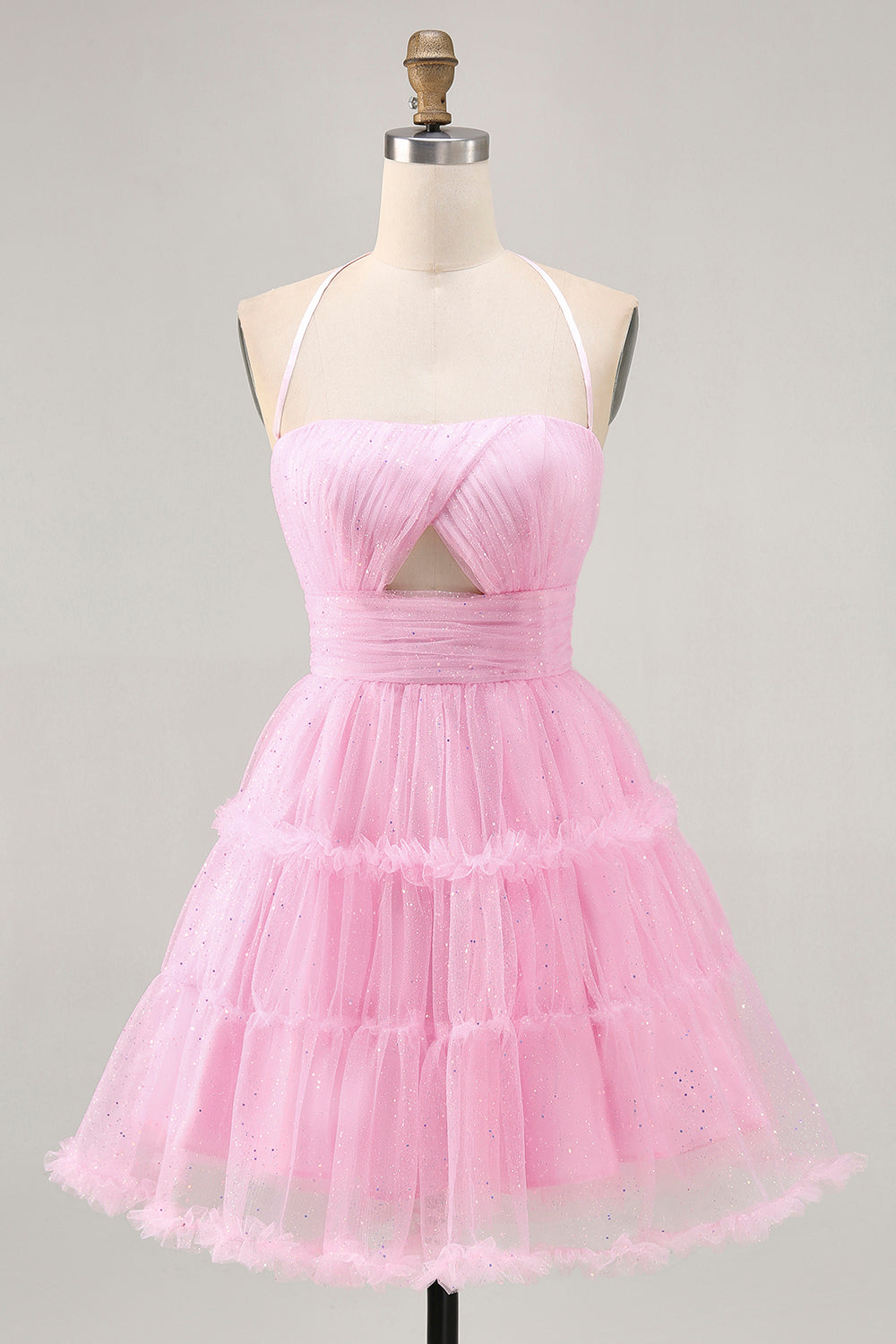 Glitter Halter Cut Out Pink Ruffled A-Line Cocktail Dress