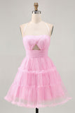 Glitter Halter Cut Out Pink Ruffled A-Line Cocktail Dress