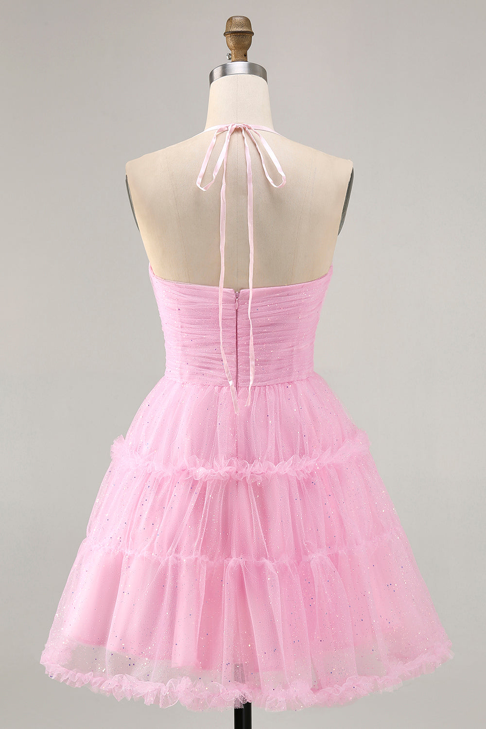 Glitter Halter Cut Out Pink Ruffled A-Line Cocktail Dress