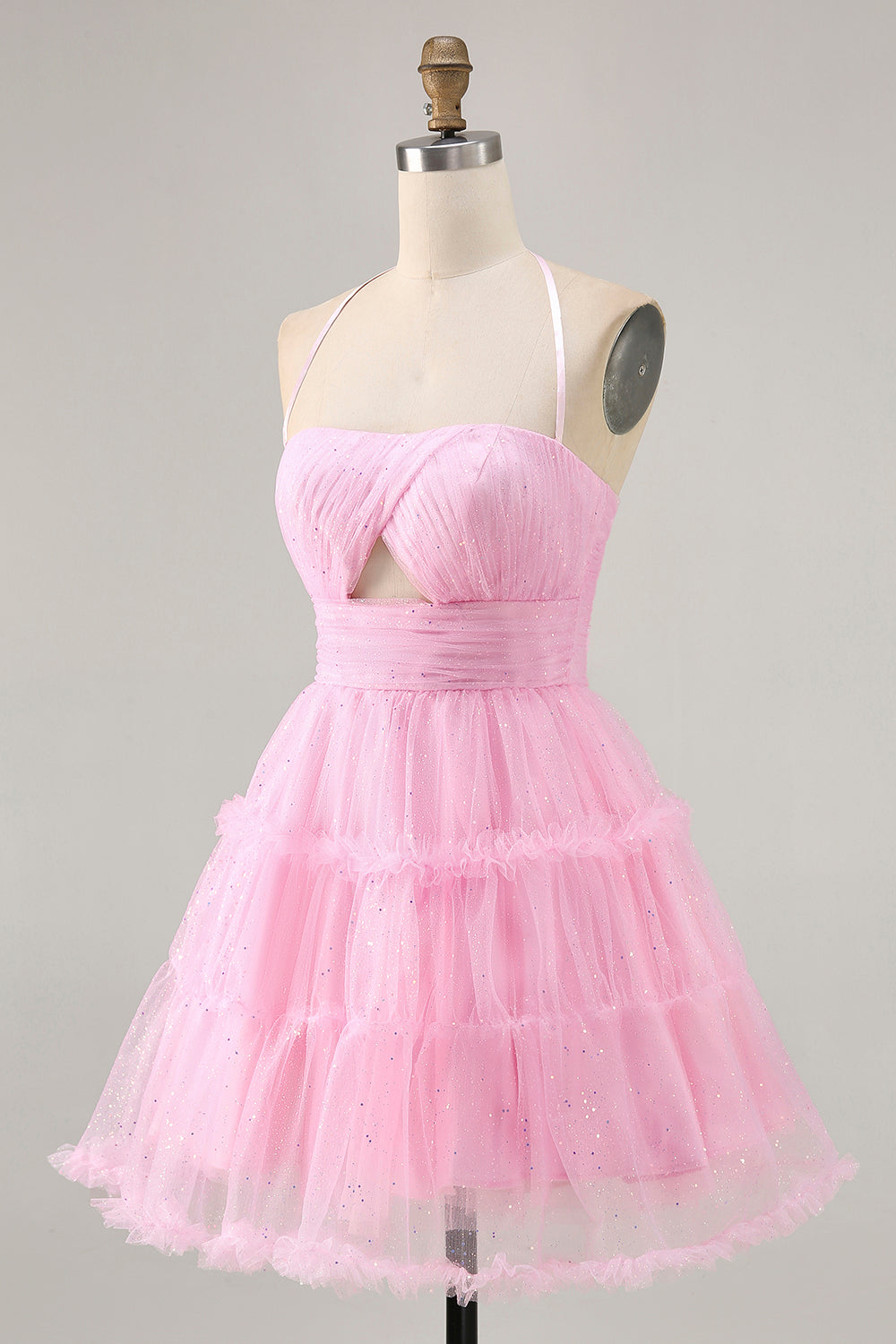 Glitter Halter Cut Out Pink Ruffled A-Line Cocktail Dress