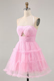 Glitter Halter Cut Out Pink Ruffled A-Line Cocktail Dress