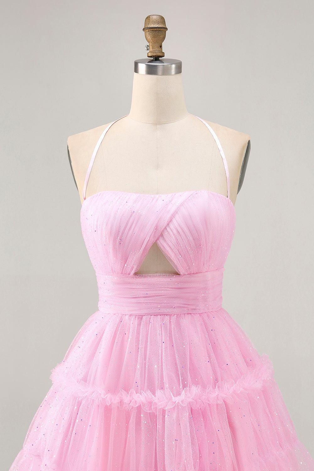 Glitter Halter Cut Out Pink Ruffled A-Line Cocktail Dress