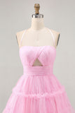 Glitter Halter Cut Out Pink Ruffled A-Line Cocktail Dress