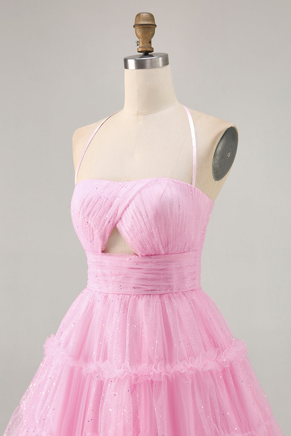 Glitter Halter Cut Out Pink Ruffled A-Line Cocktail Dress