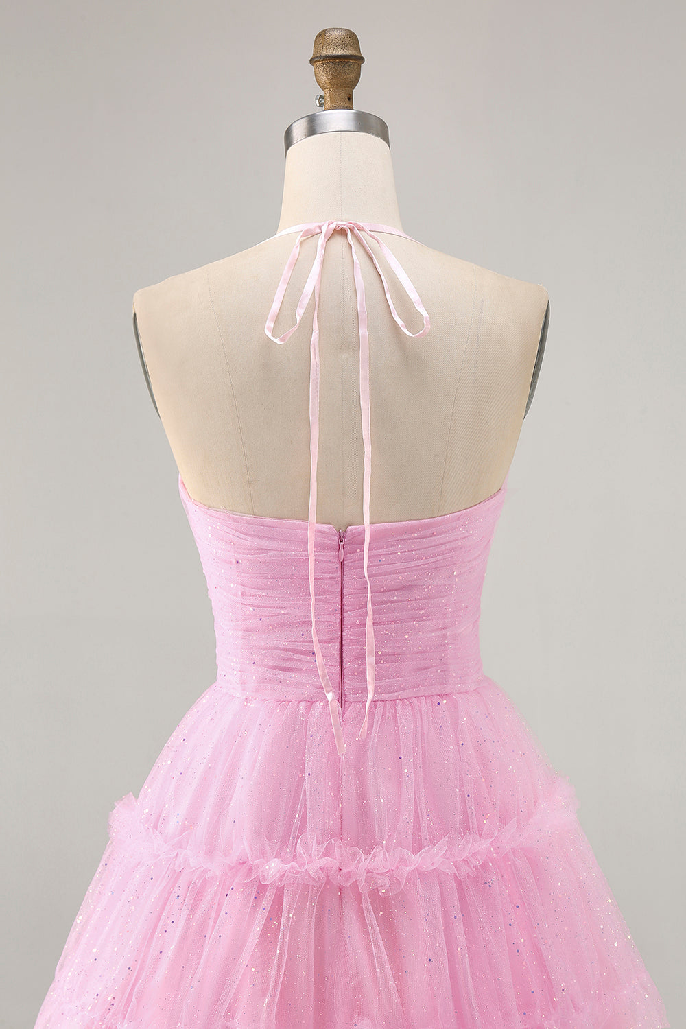 Glitter Halter Cut Out Pink Ruffled A-Line Cocktail Dress