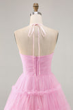 Glitter Halter Cut Out Pink Ruffled A-Line Cocktail Dress