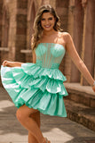 Green A Line Strapless Tiered Corset Beaded Short Prom Dress with Bow