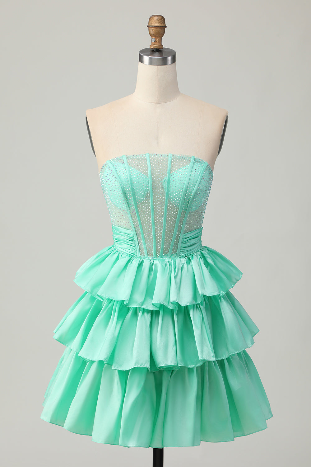 Green A Line Strapless Tiered Corset Beaded Short Prom Dress with Bow
