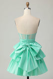 Green A Line Strapless Tiered Corset Beaded Short Prom Dress with Bow
