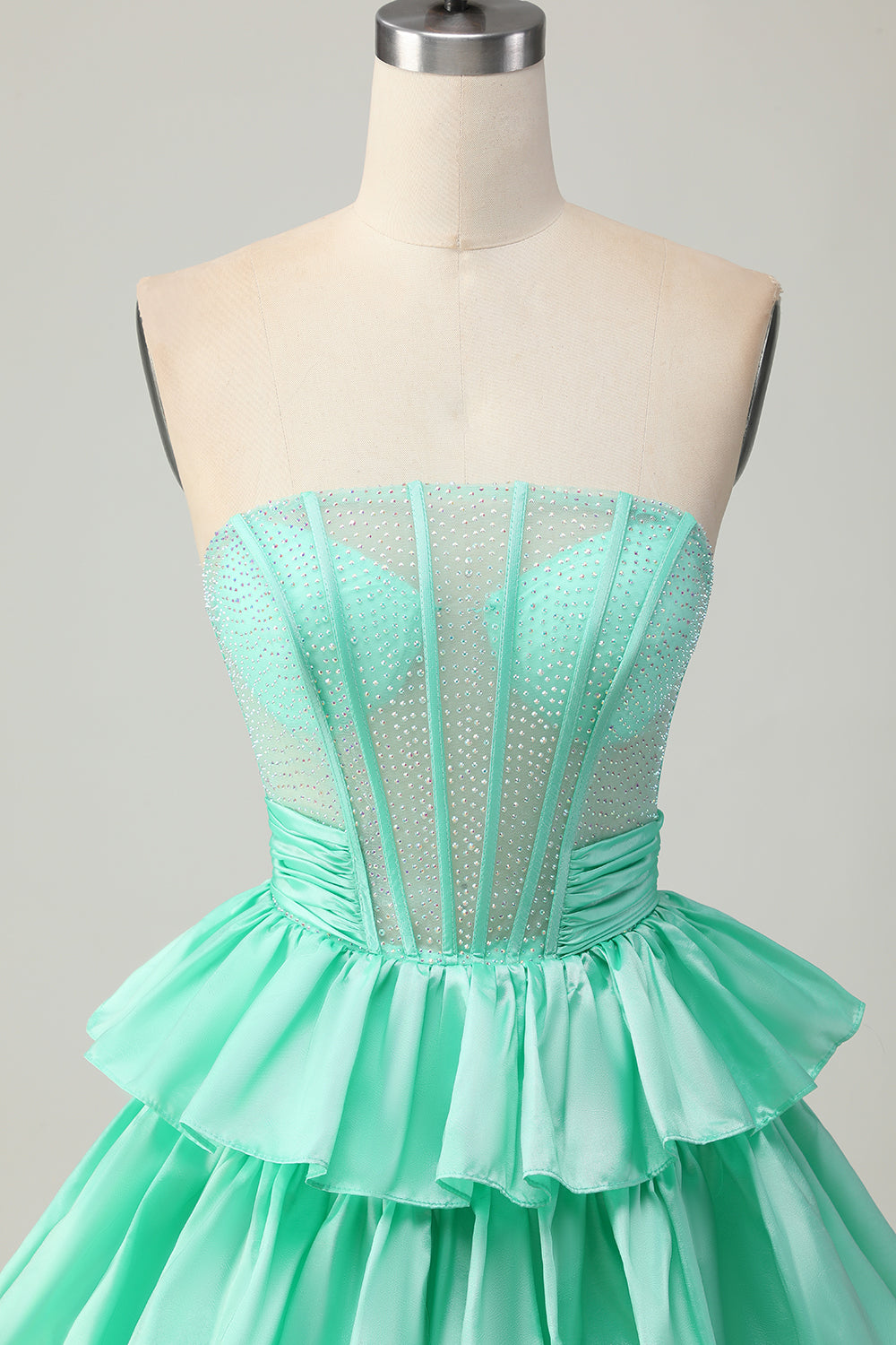 Red Strapless A-line Tiered Corset Beaded Short Prom Dress with Bow