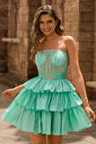 Green A Line Strapless Tiered Corset Beaded Short Prom Dress with Bow