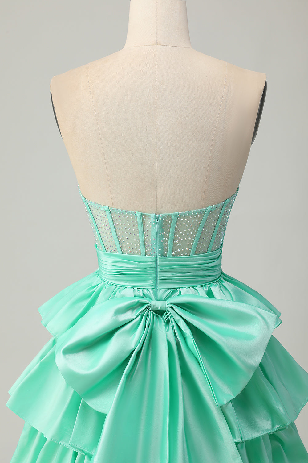Green A-line Strapless Tiered Corset Beaded Short Prom Dress with Bow