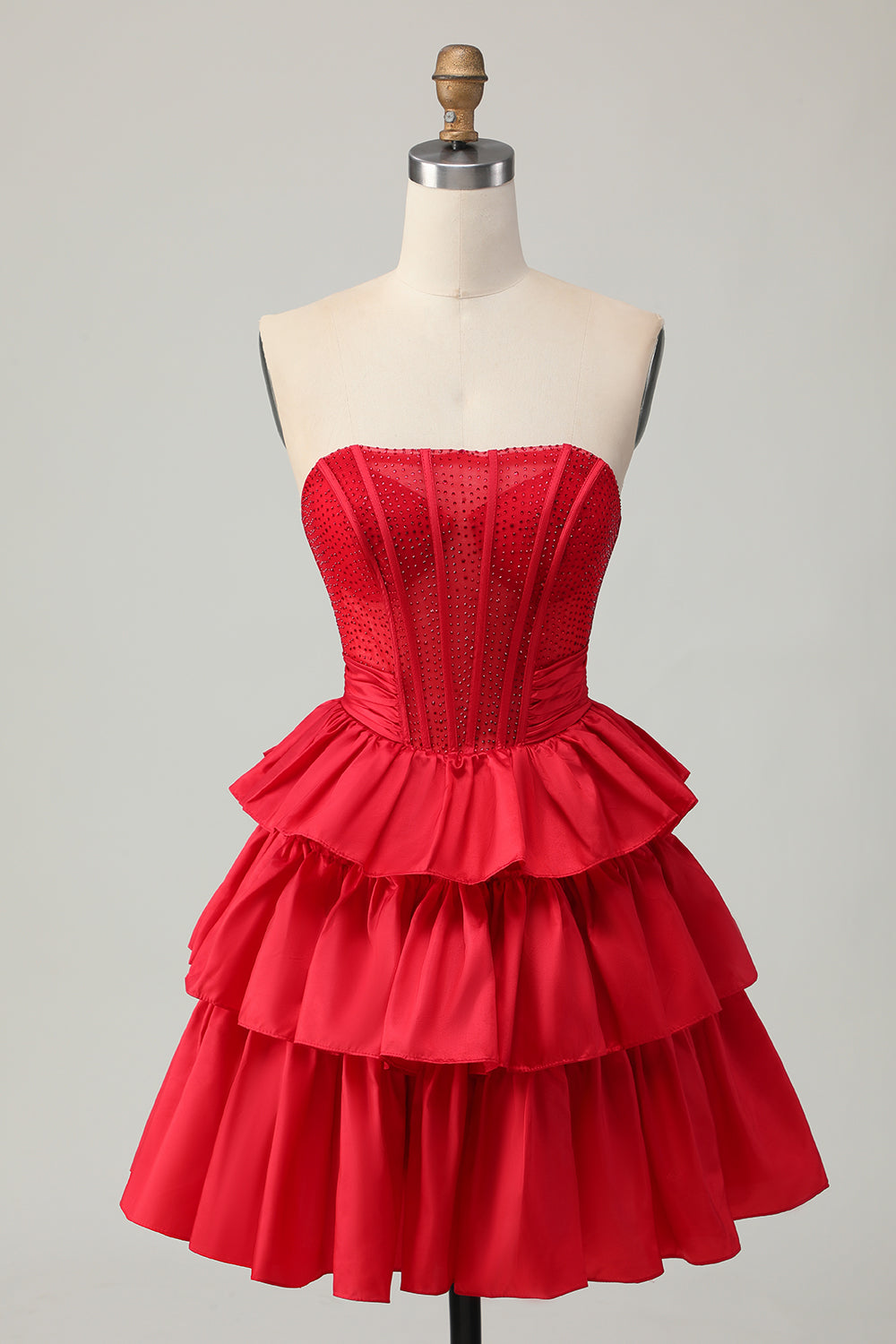 Strapless Red A Line Tiered Corset Beaded Short Prom Dress with Bow