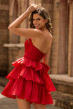 Strapless Red A Line Tiered Corset Beaded Short Prom Dress with Bow