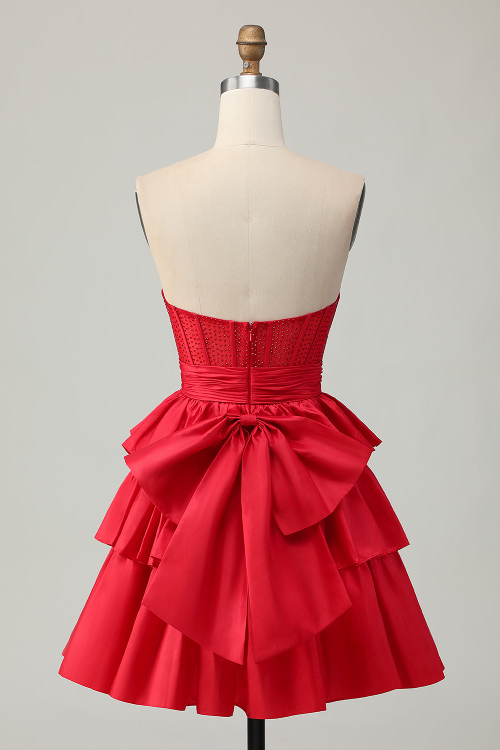 Red Strapless A-line Tiered Corset Beaded Short Prom Dress with Bow
