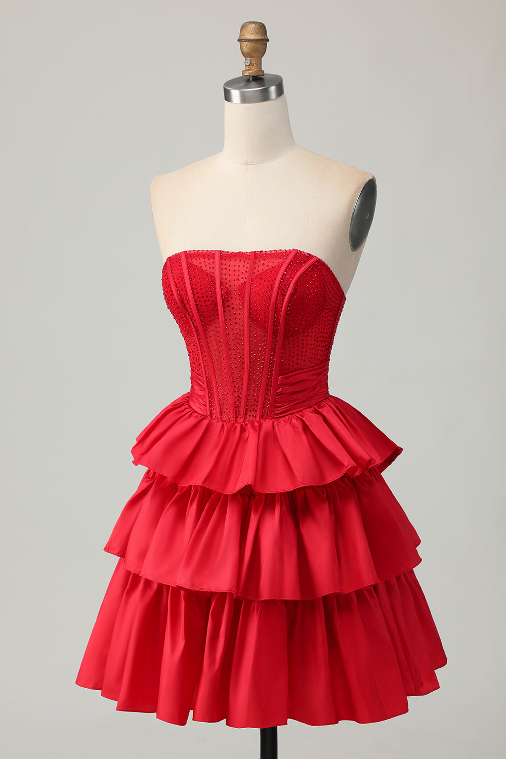 Red Strapless A-line Tiered Corset Beaded Short Prom Dress with Bow