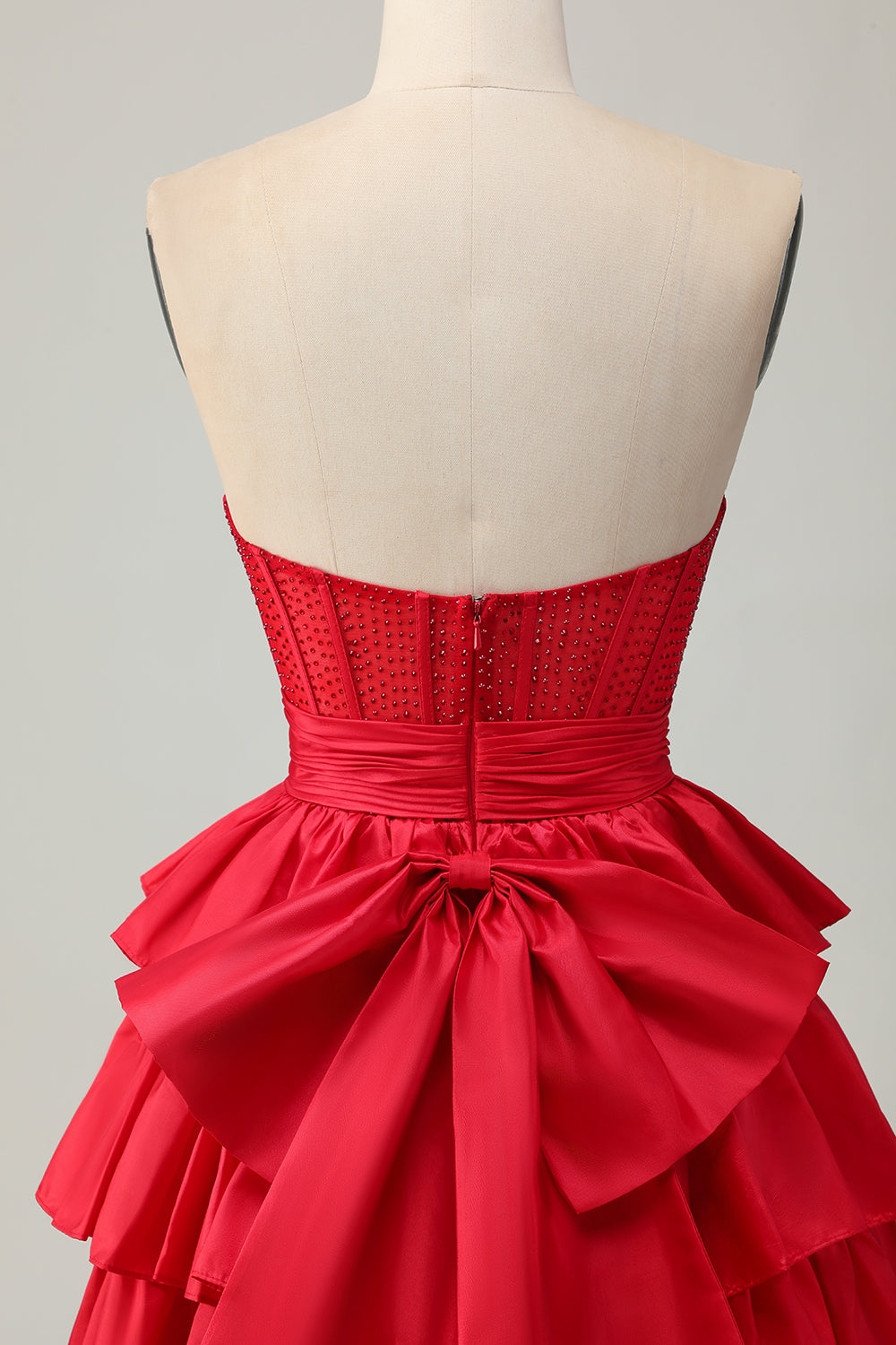 Red Strapless A-line Tiered Corset Beaded Short Prom Dress with Bow