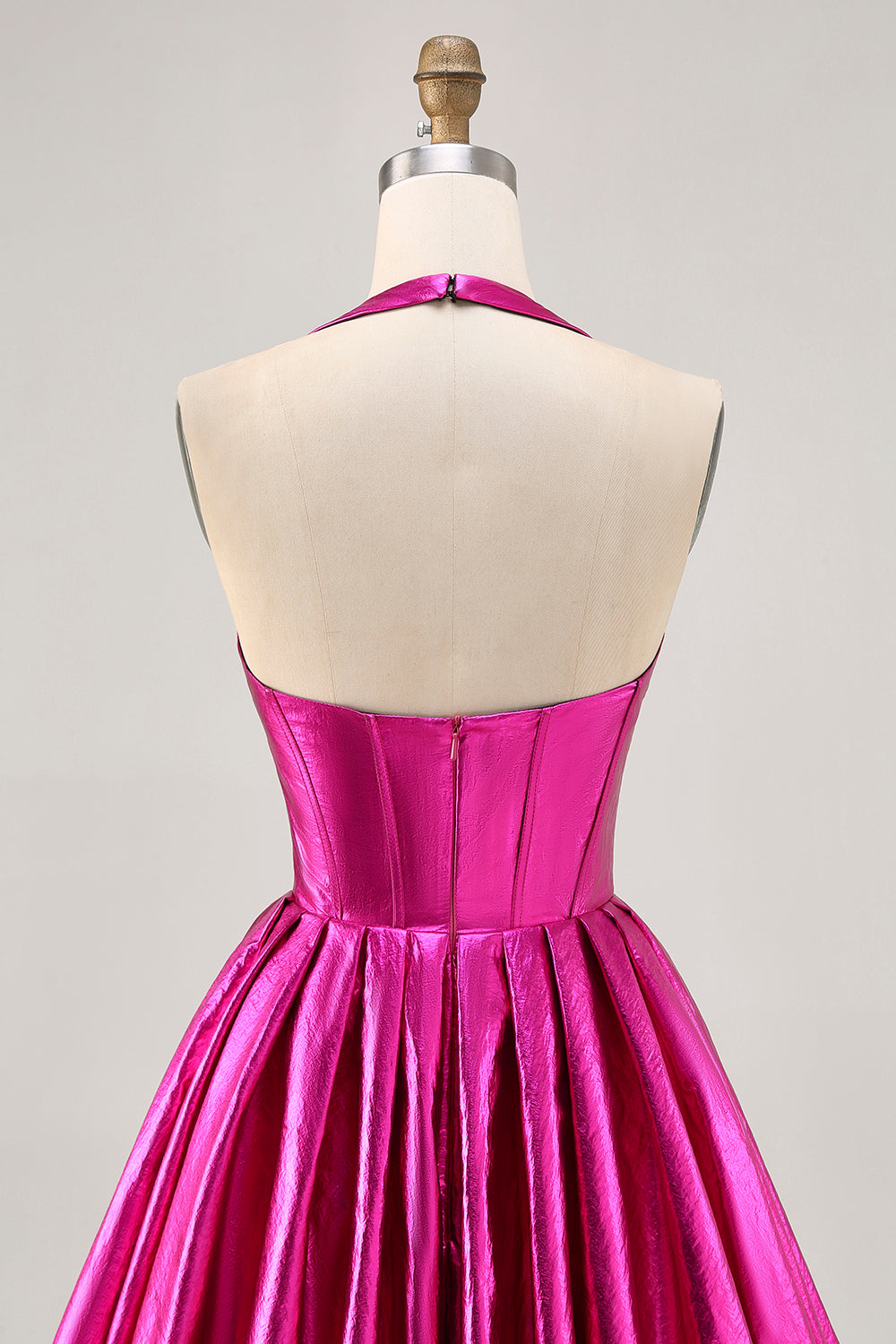 Metallic Fuchsia Halter Pleated Cocktail Dress