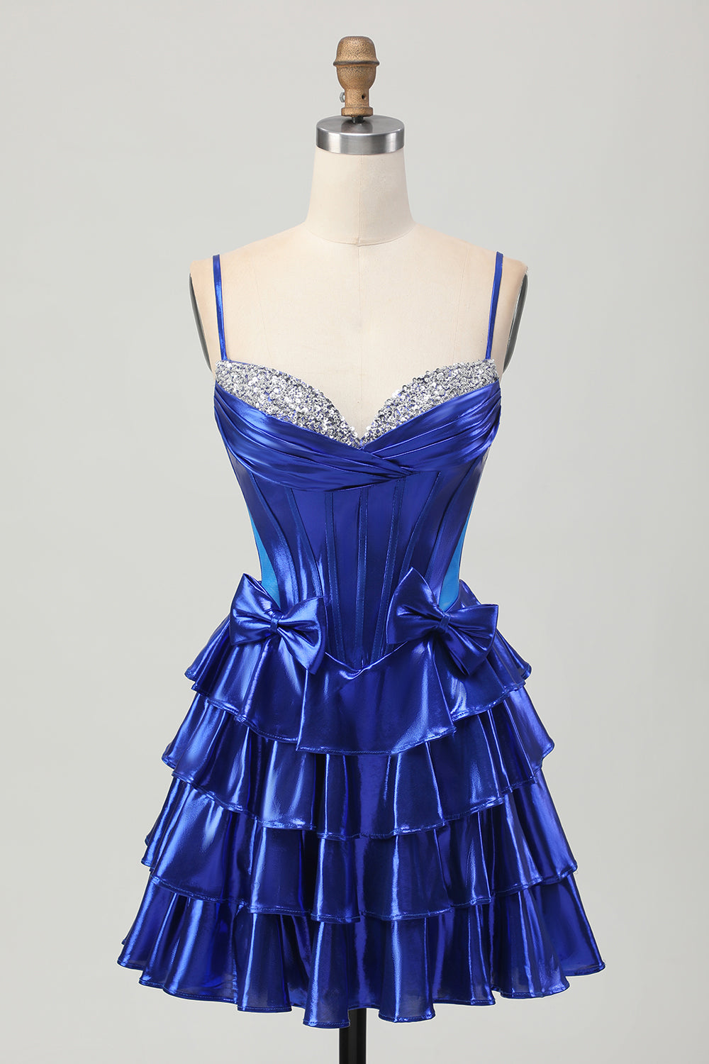 Royal Blue Metallic A Line Tiered Corset Short Prom Dress with Bows