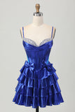 Royal Blue Metallic A Line Tiered Corset Short Prom Dress with Bows