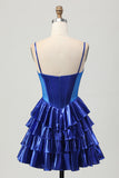 Royal Blue Metallic A Line Tiered Corset Short Prom Dress with Bows