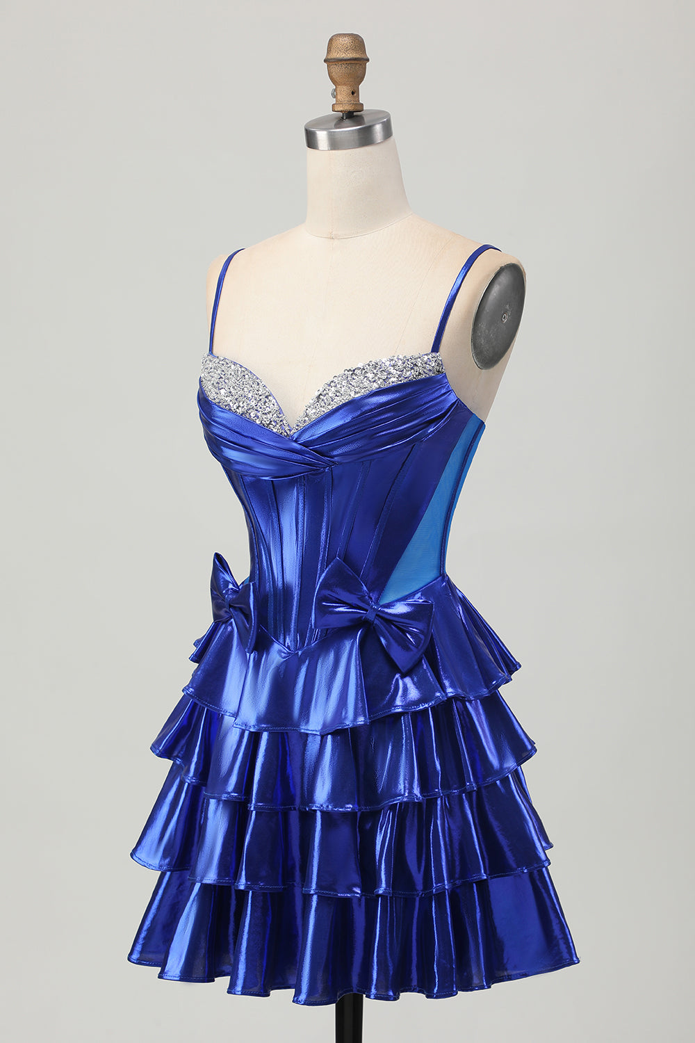 Metallic A-line Tiered Corset Short Prom Dress with Bows