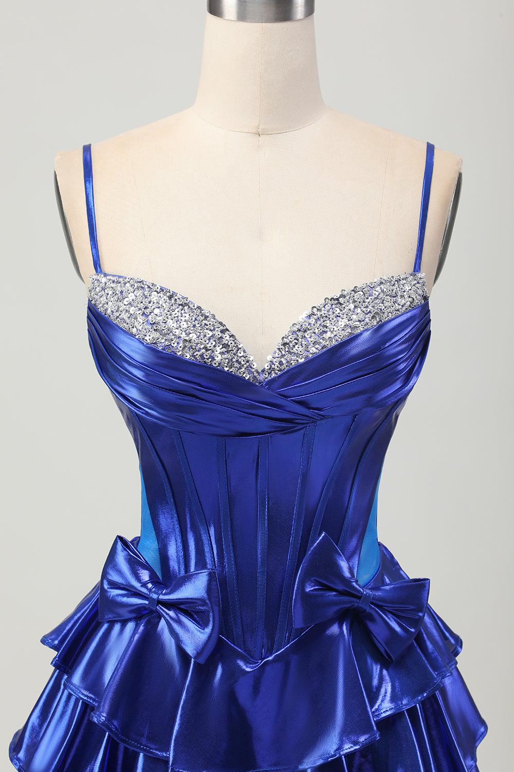 Metallic A-line Tiered Corset Short Prom Dress with Bows