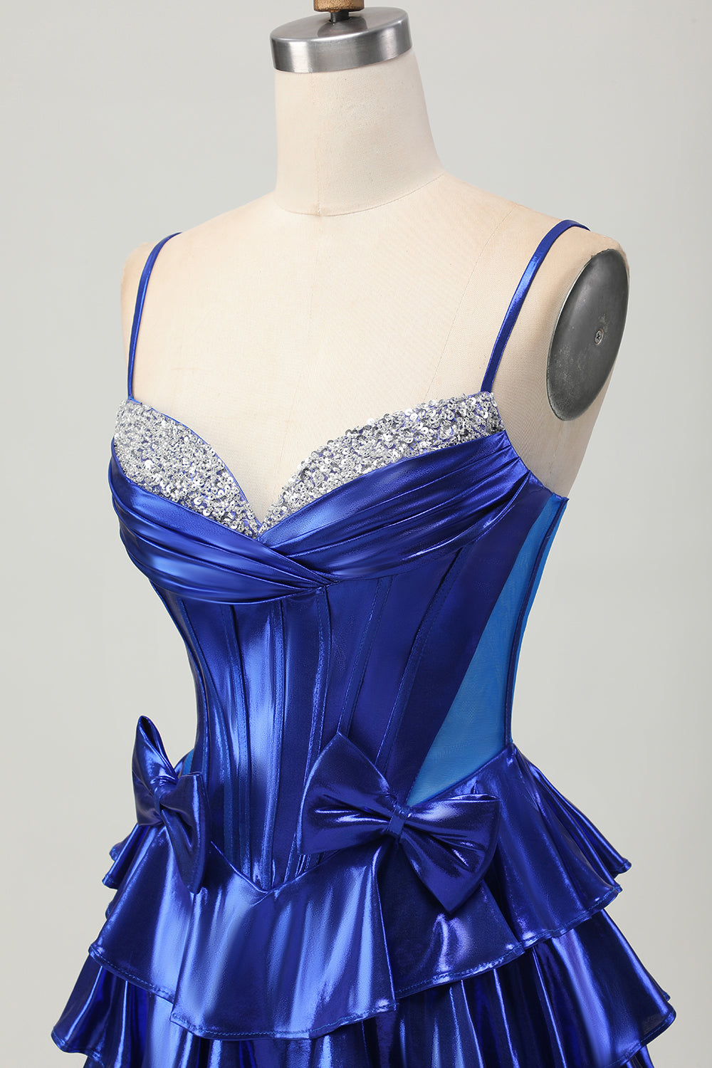 Metallic A-line Tiered Corset Short Prom Dress with Bows