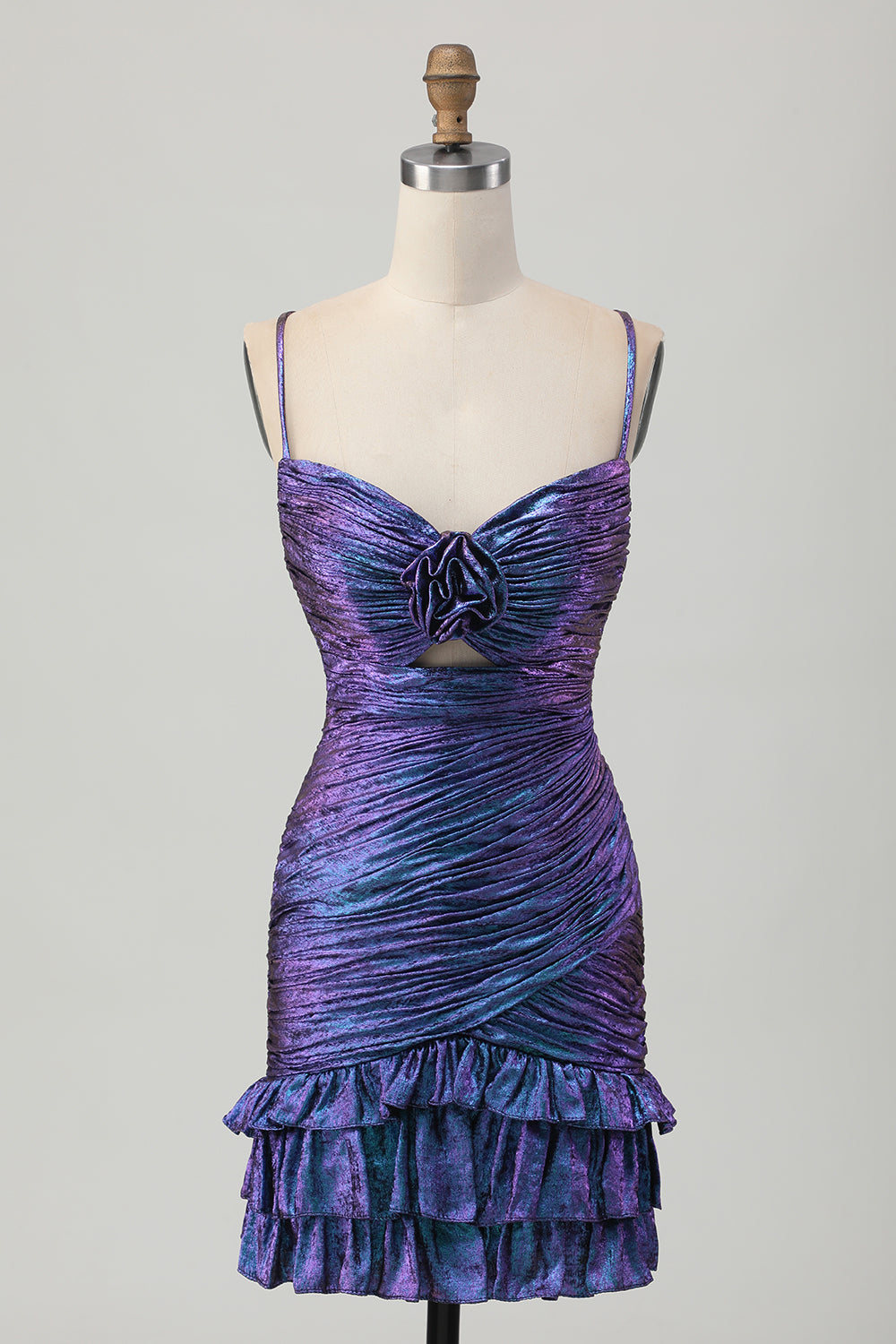 Metallic Blue Purple Bodycon Cut Out Ruffled Cocktail Dress