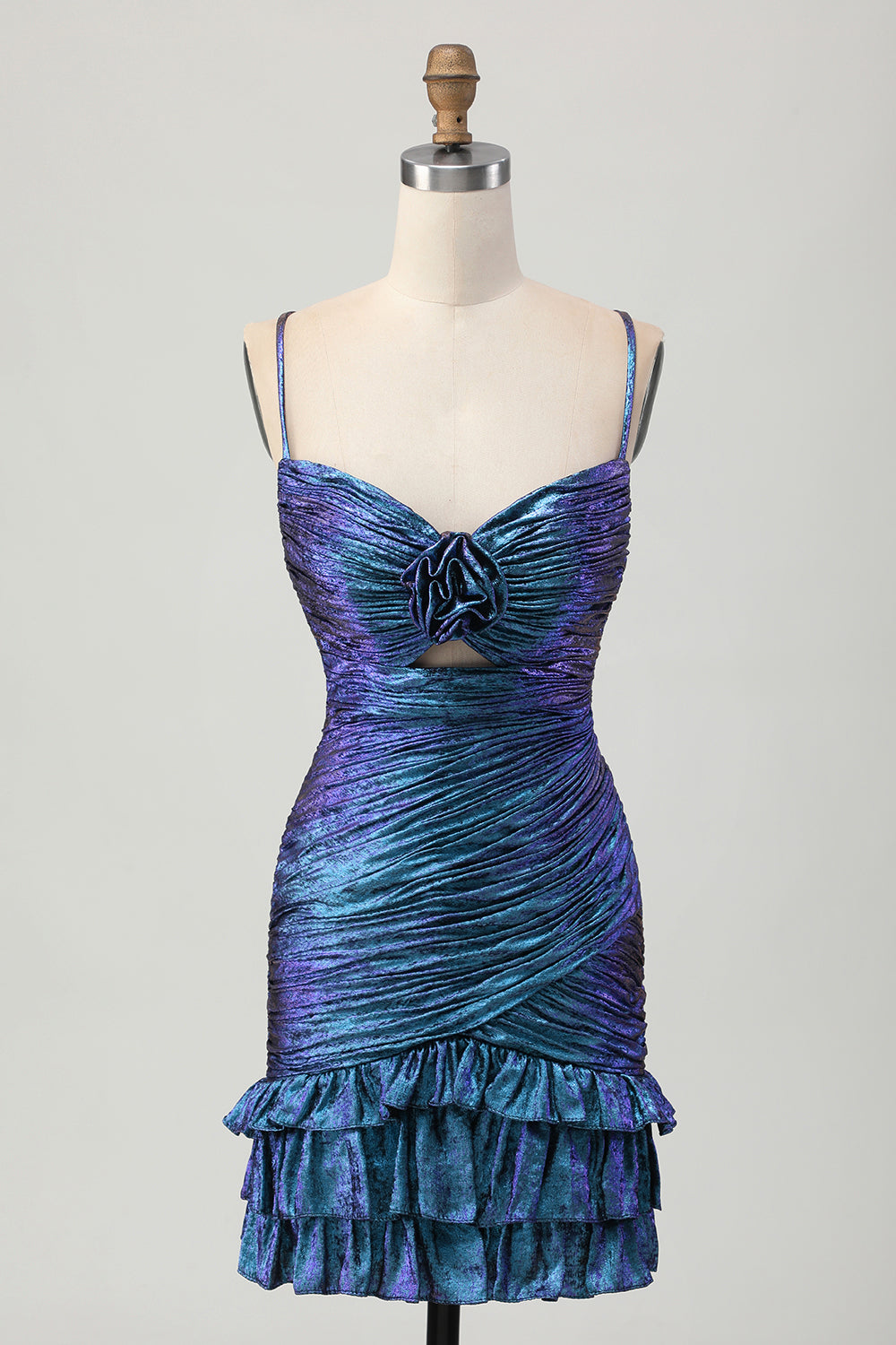 Blue Purple Ruched Cut Out Ruffled Metallic Cocktail Dress