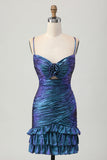 Blue Purple Ruched Cut Out Ruffled Metallic Cocktail Dress