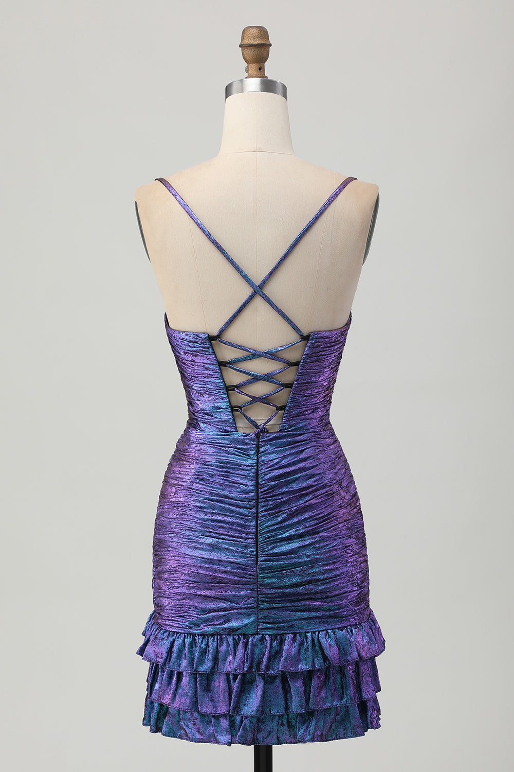 Metallic Blue Purple Bodycon Cut Out Ruffled Cocktail Dress
