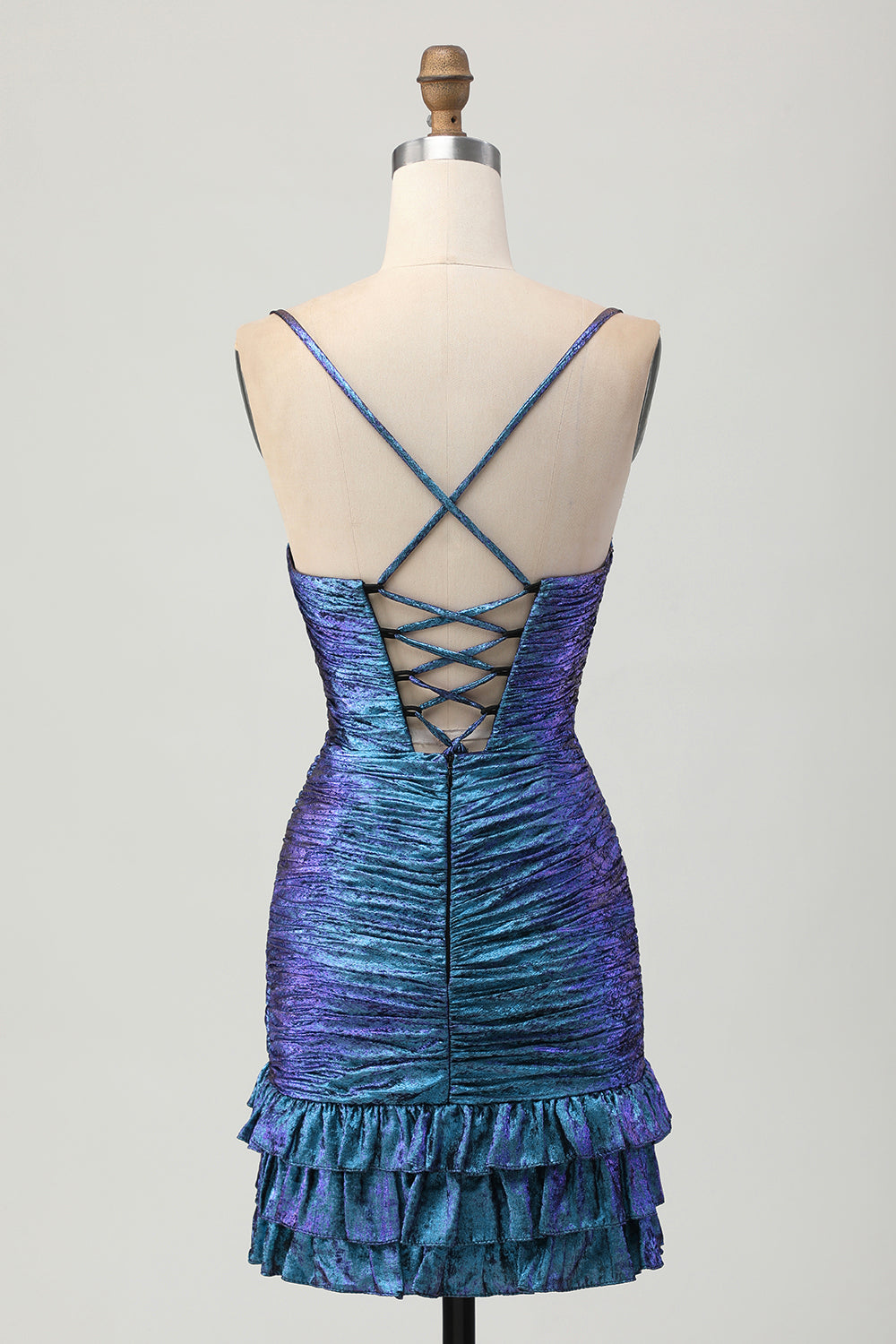Blue Purple Ruched Cut Out Ruffled Metallic Cocktail Dress