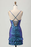 Blue Purple Ruched Cut Out Ruffled Metallic Cocktail Dress
