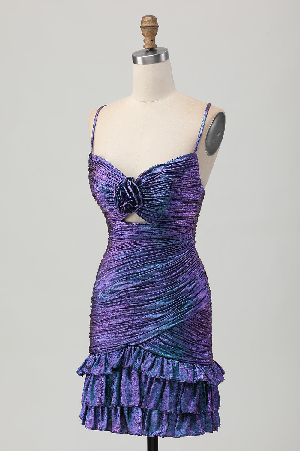 Metallic Blue Purple Bodycon Cut Out Ruffled Cocktail Dress