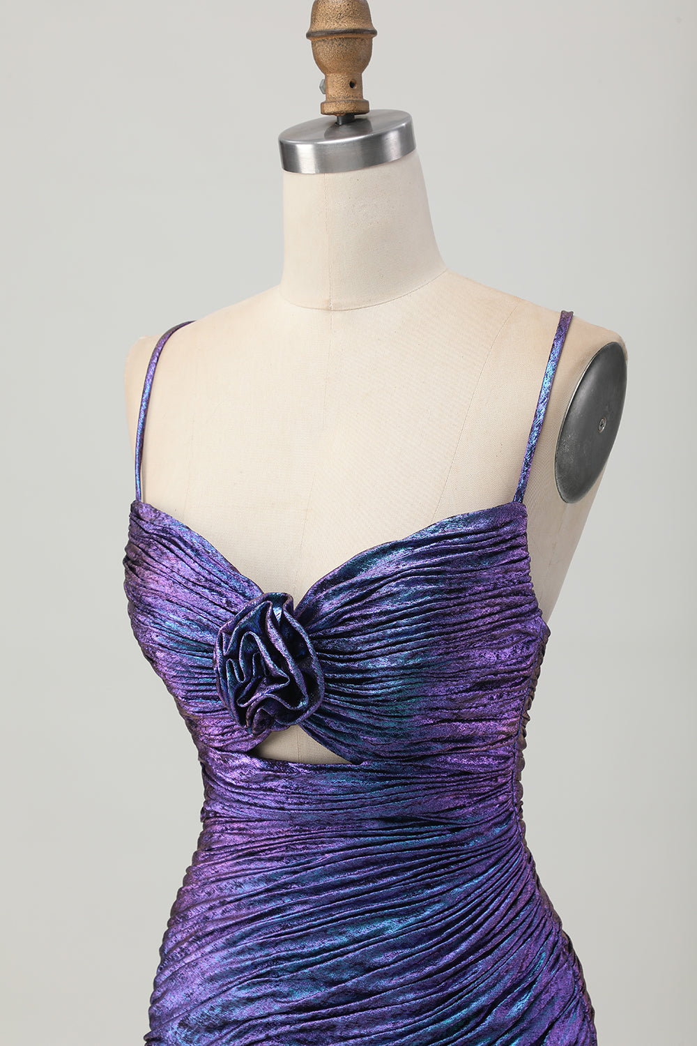 Metallic Blue Purple Bodycon Cut Out Ruffled Cocktail Dress