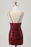 Sparkly Metallic Burgundy Spaghetti Straps Tight Ruched Short Prom Dress