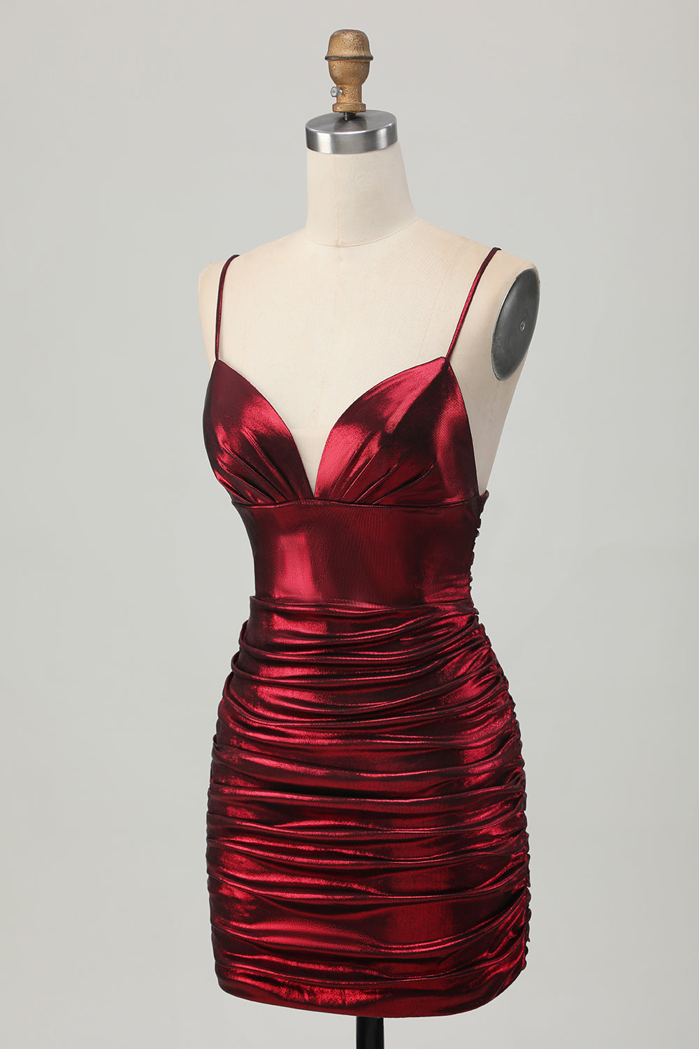 Sparkly Metallic Burgundy Spaghetti Straps Tight Ruched Short Prom Dress