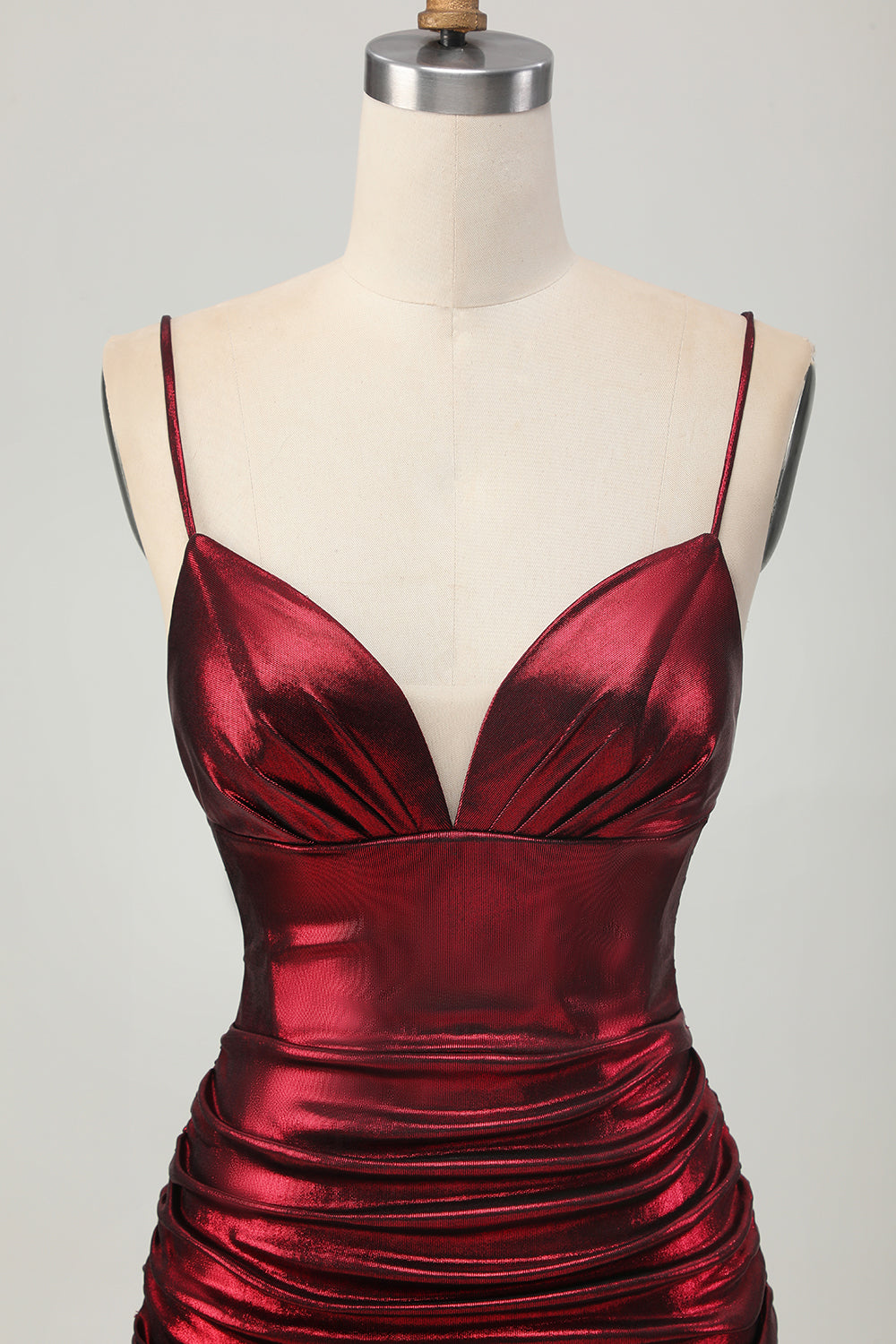 Sparkly Metallic Burgundy Spaghetti Straps Tight Ruched Short Prom Dress