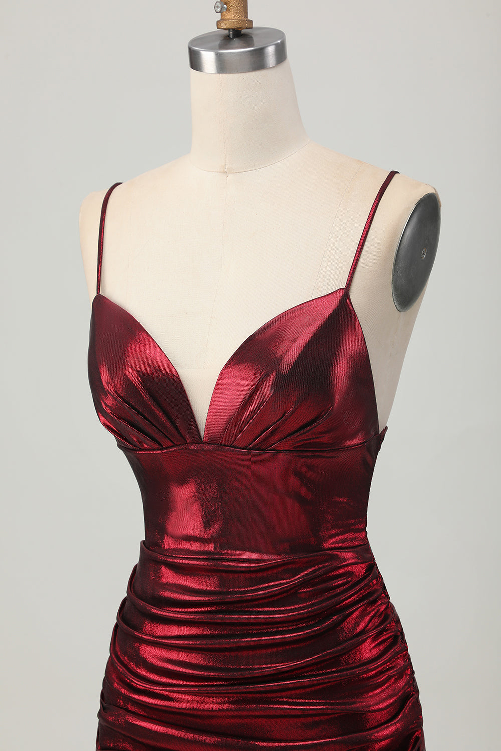 Sparkly Metallic Burgundy Spaghetti Straps Tight Ruched Short Prom Dress