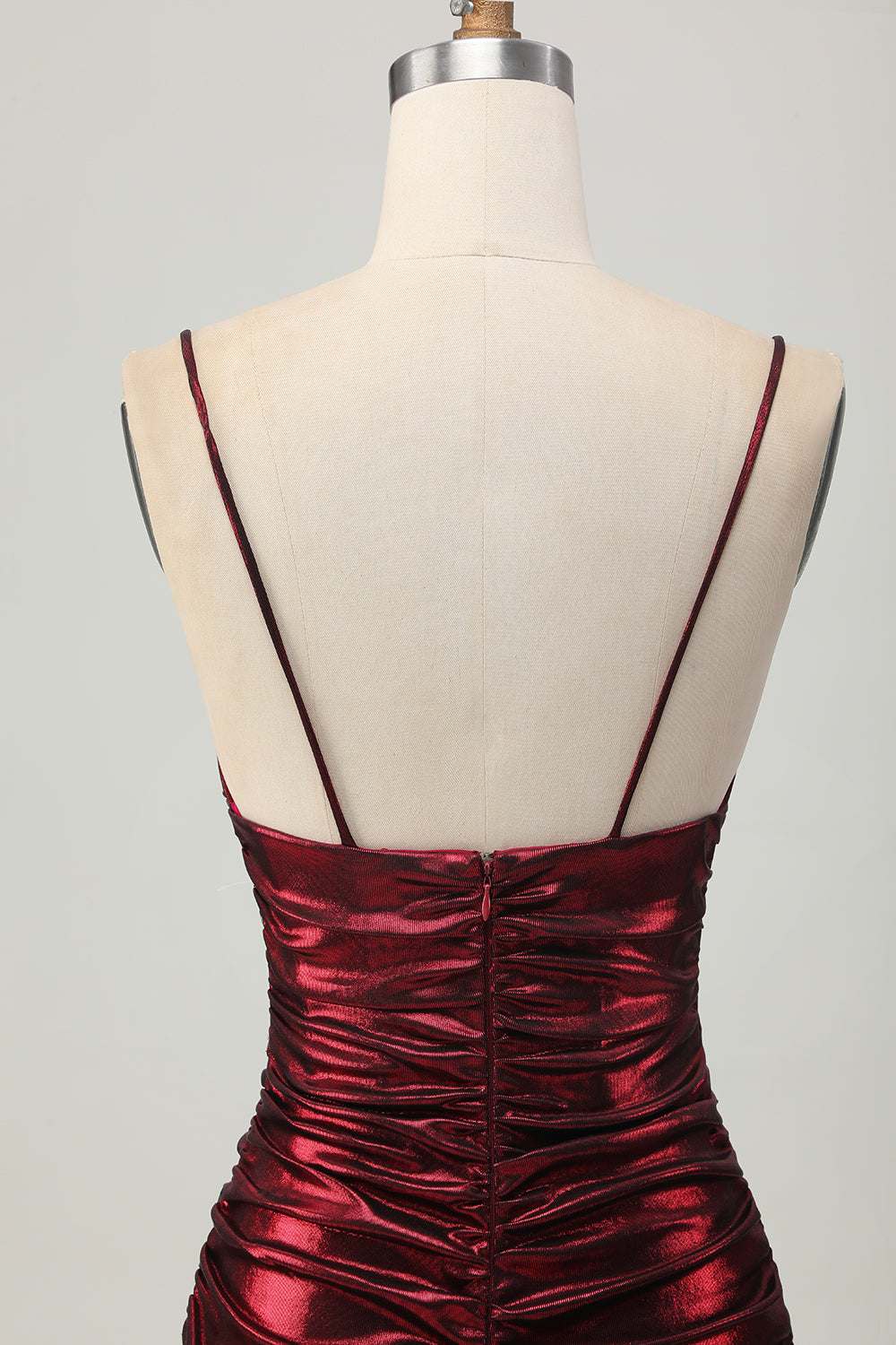 Sparkly Metallic Burgundy Spaghetti Straps Tight Ruched Short Prom Dress