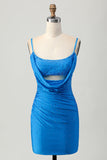 Sparkly Blue Bodycon Cut Out Tight Cocktail Dress with Beading